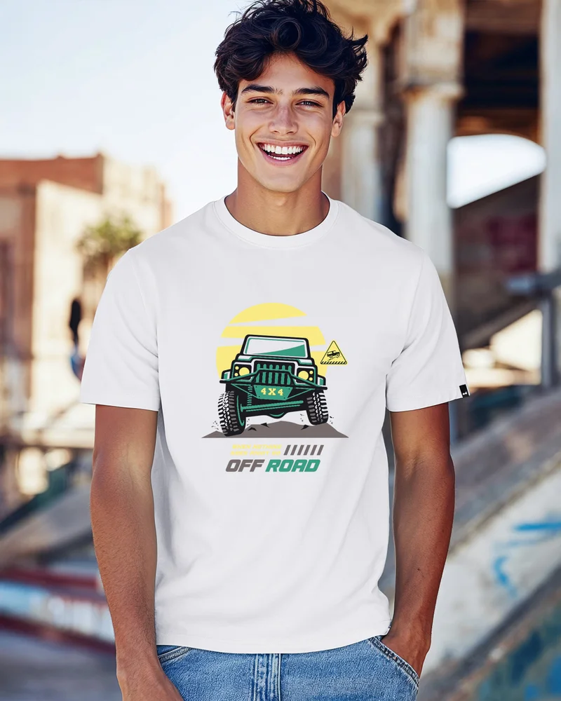 بيواكوف Men's White 4x4 Off Road Graphic Printed T-shirt